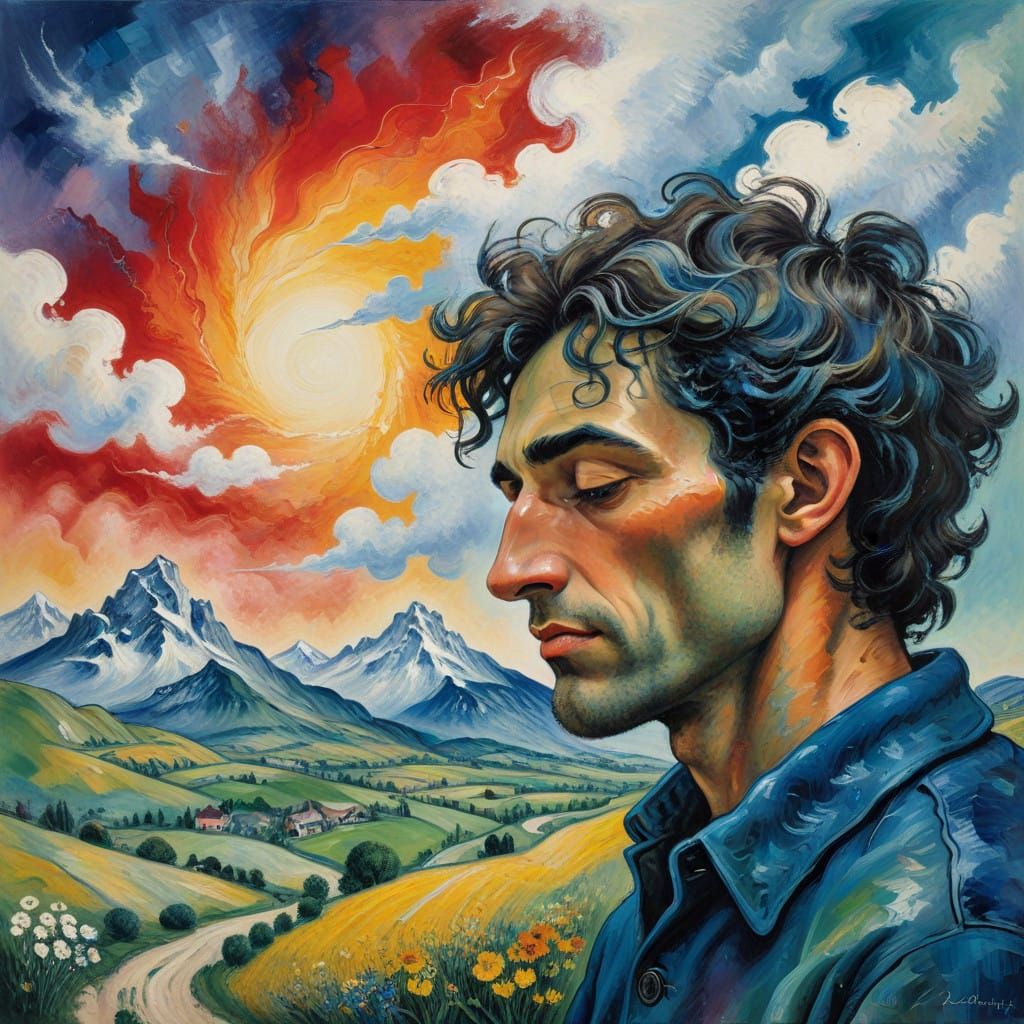 Majestic Mountain Emerges from a Contemplative Face in Vibra...