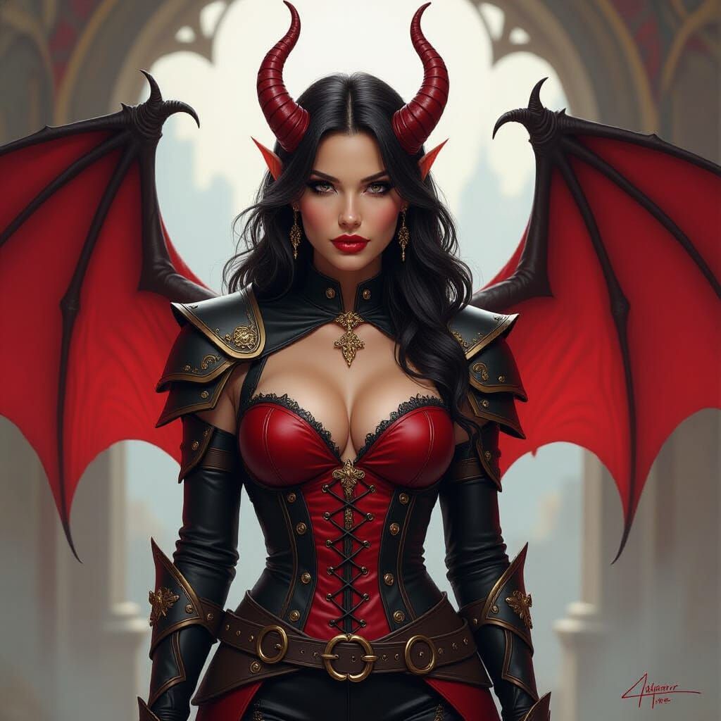 Tiefling Adventurer with Crimson Wings as Oil Painting