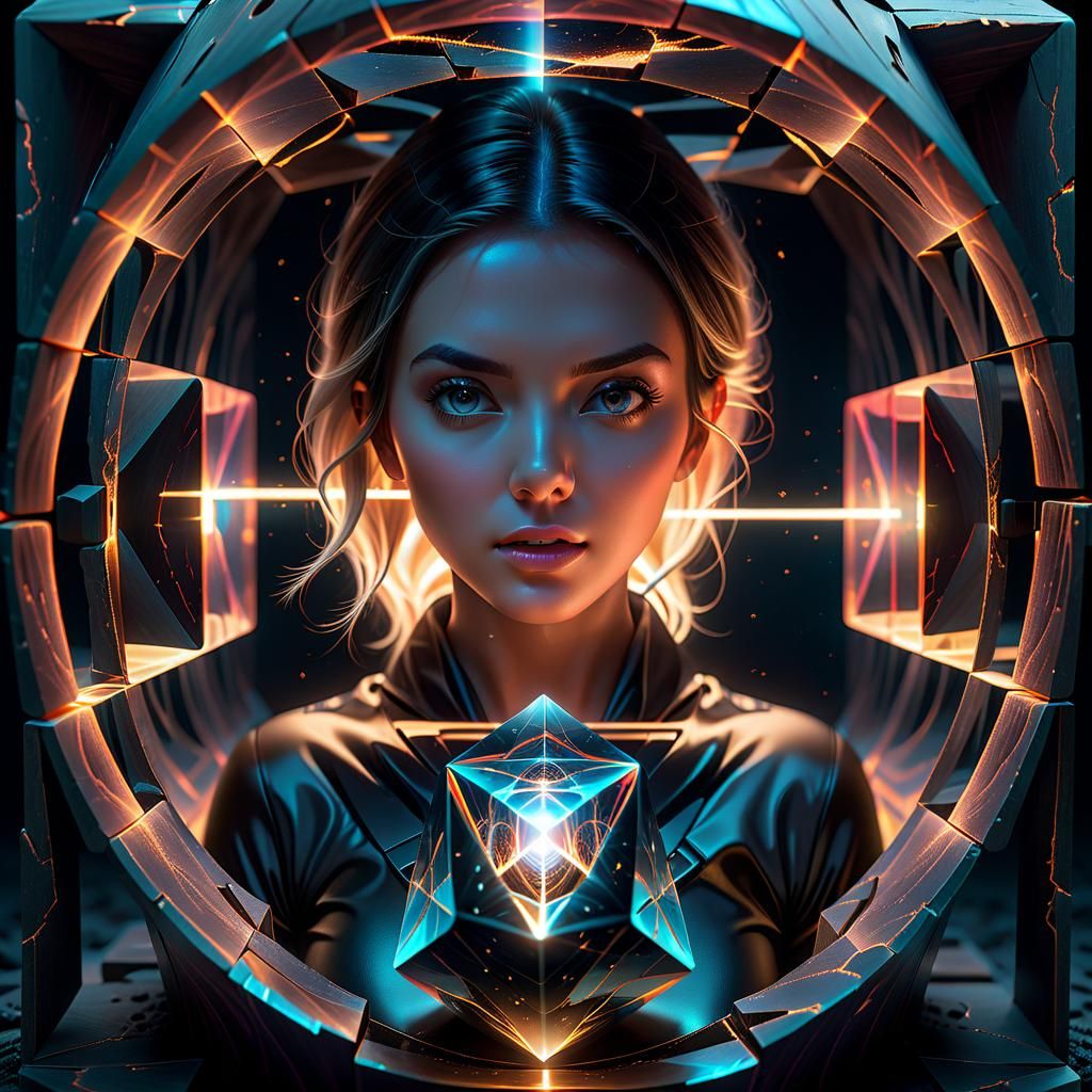 Woman Emerges from Necker Cube Optical Illusion