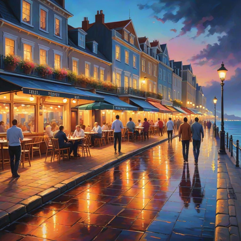 Vibrant Oil Painting of a Lively Seaside Boulevard at Night