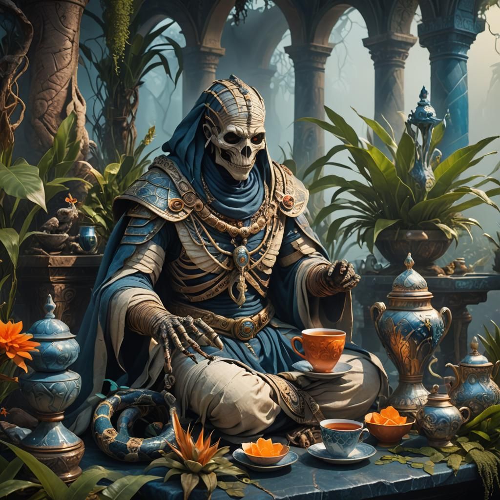 Mummy at Tea Altar in Ethereal Fantasy Art