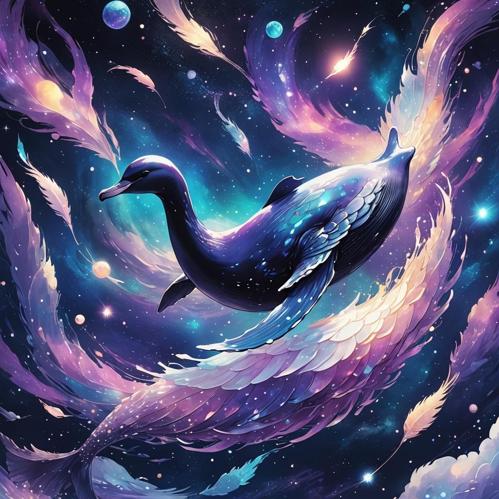 Elegant Whale Swan in Cosmic Manga Style