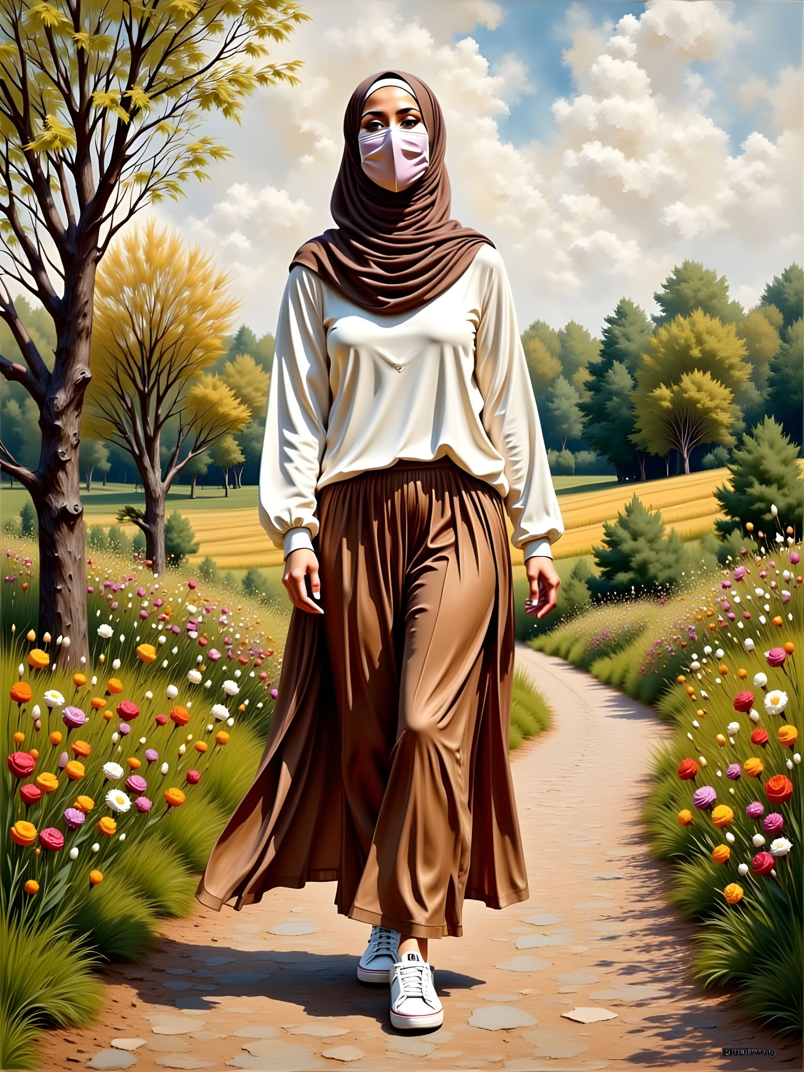 Hijabi Woman in Earth Tones in Ornate Painting