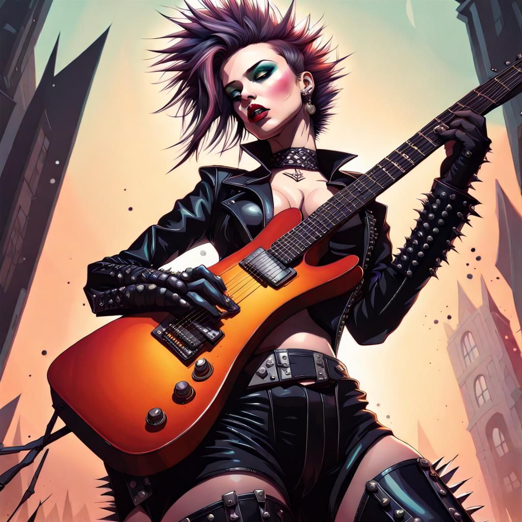Gothic Rocker Girl Shreds in Art Deco Style