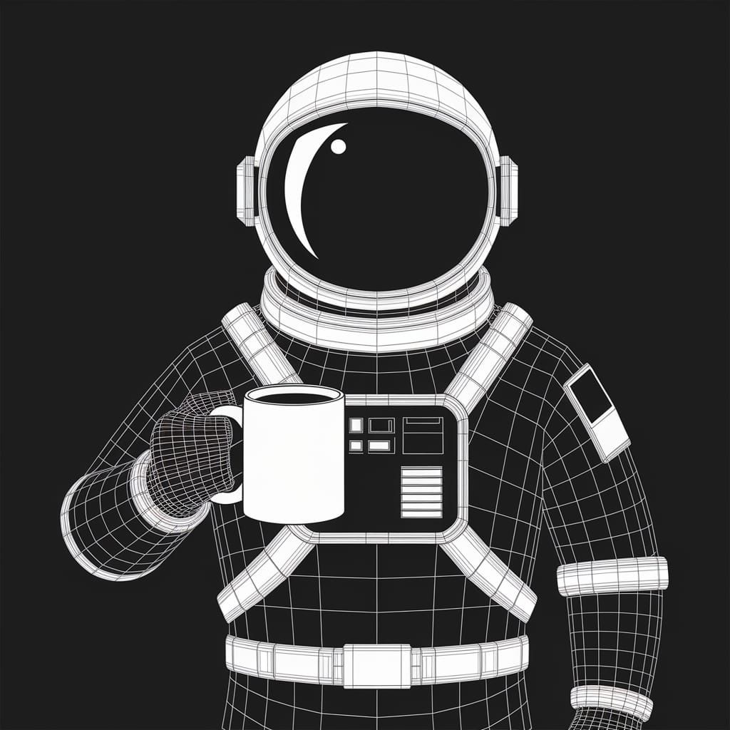 Wireframe Spaceman Enjoying Coffee Break