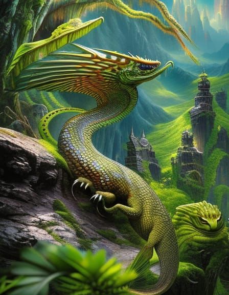 Basilisk in Jungle, Detailed Whimsical Portrait