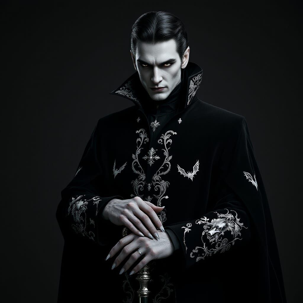 Photorealistic full body picture of dracula. A tall, imposin...