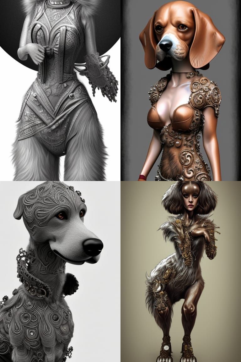 Hyperrealistic Anthropomorphic Dog Woman in Detailed Dress