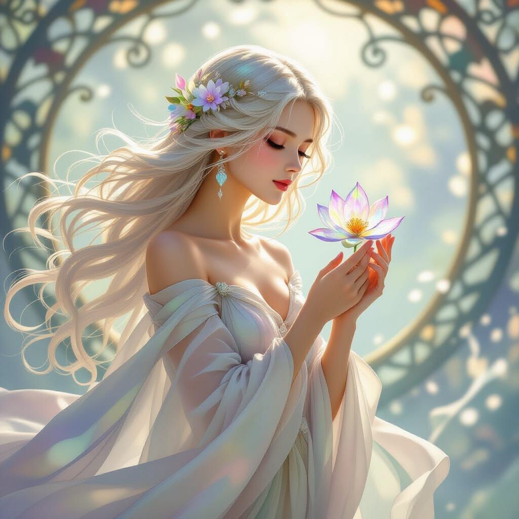 Enchanting Woman in Shimmering Mist with Iridescent Hair