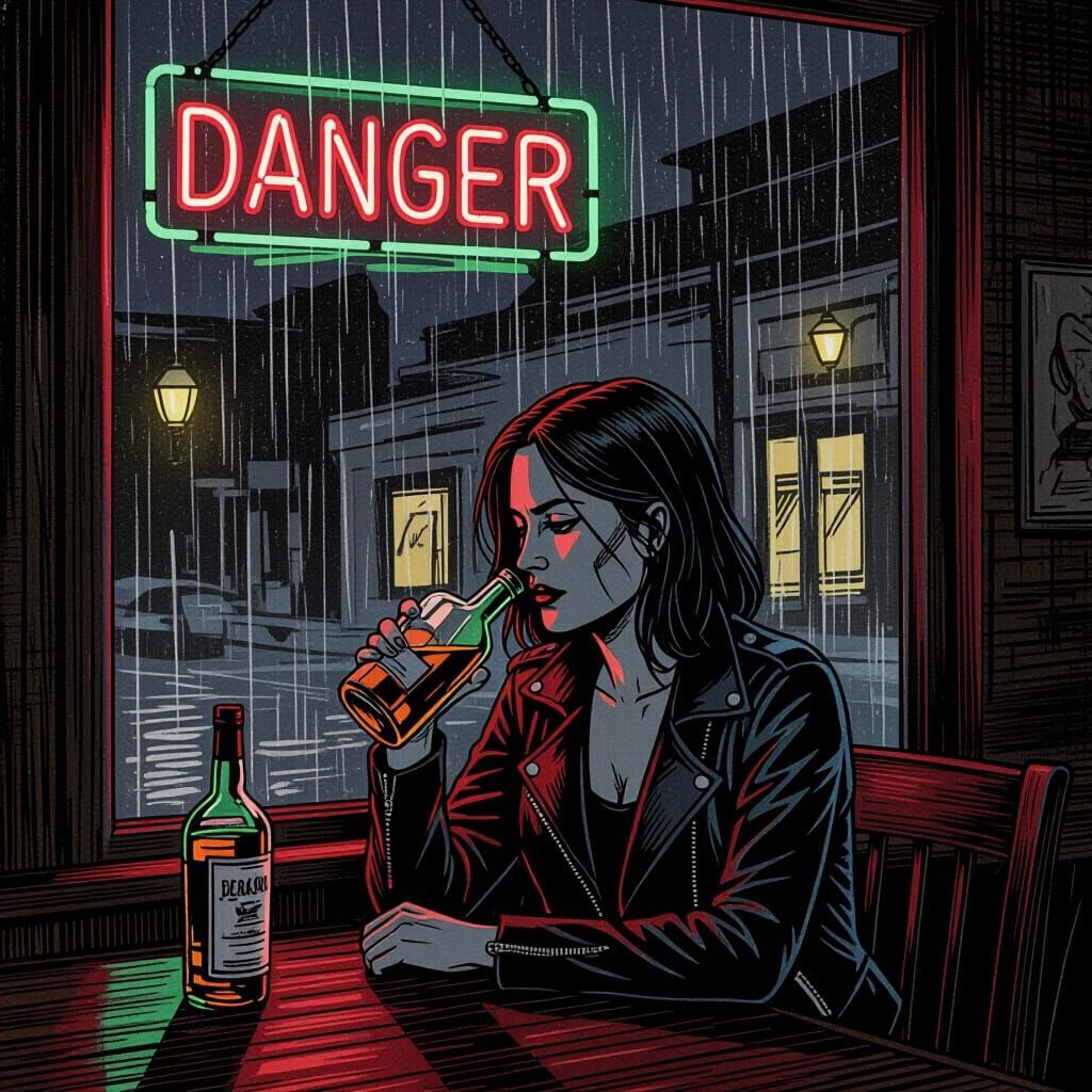 Journalist in Dim Bar with Whiskey, Woodcut Style