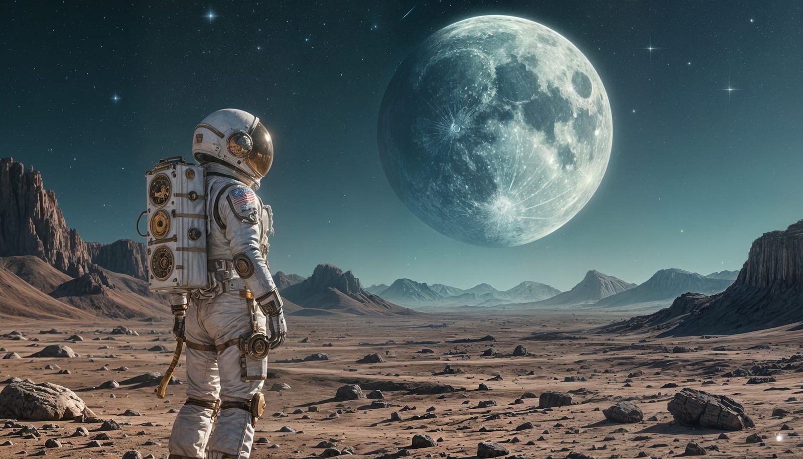 Astronaut With Clockwork Suit on Alien Planet Under Shattere...