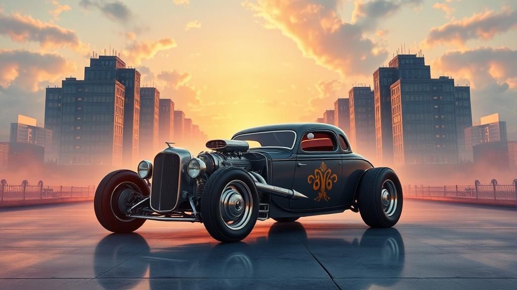 NHRA Gasser Hot Rod in Escher Cityscape