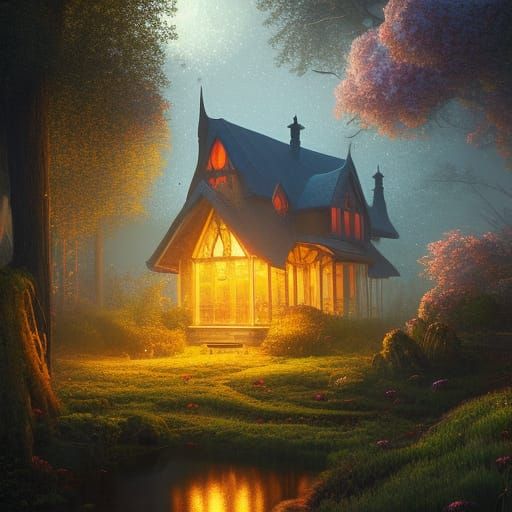 Bioluminescent Cottagecore Dreamscape at Night