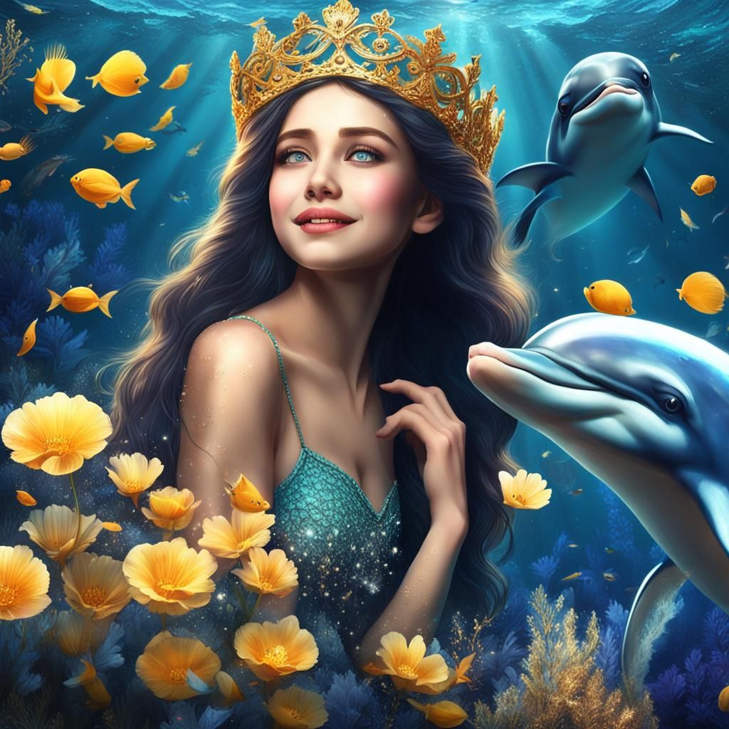 Mermaid Playing with Dolphins in Deep Ocean
