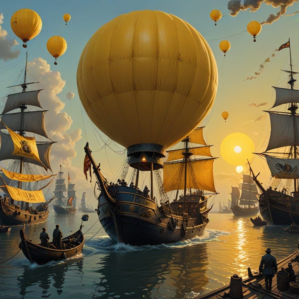 Steampunk Airship with Yellow Balloon in Baroque Style