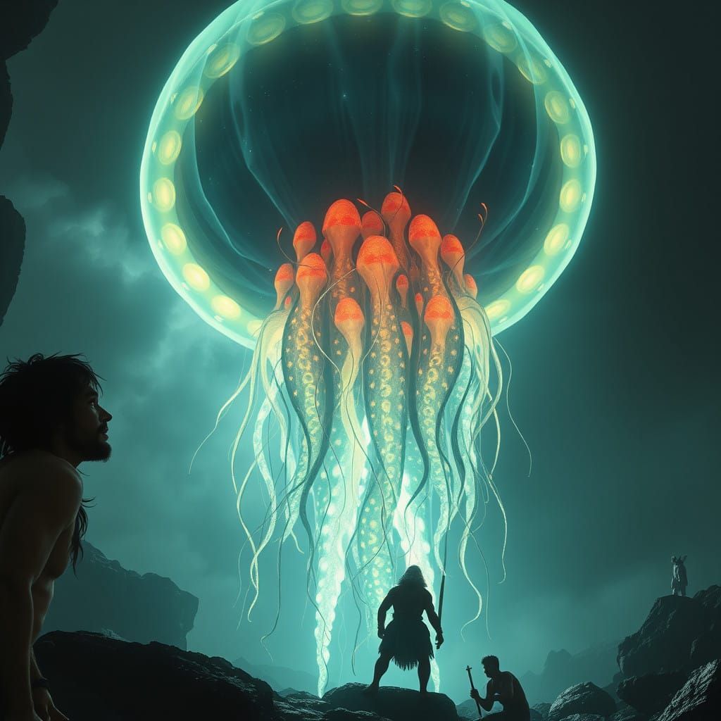 Cavemen Confront a Glowing Giant Jellyfish in Dark Fantasy D...