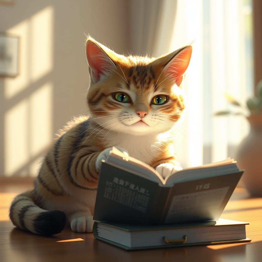 Cat Plays with Textbook: 3D Anime Art