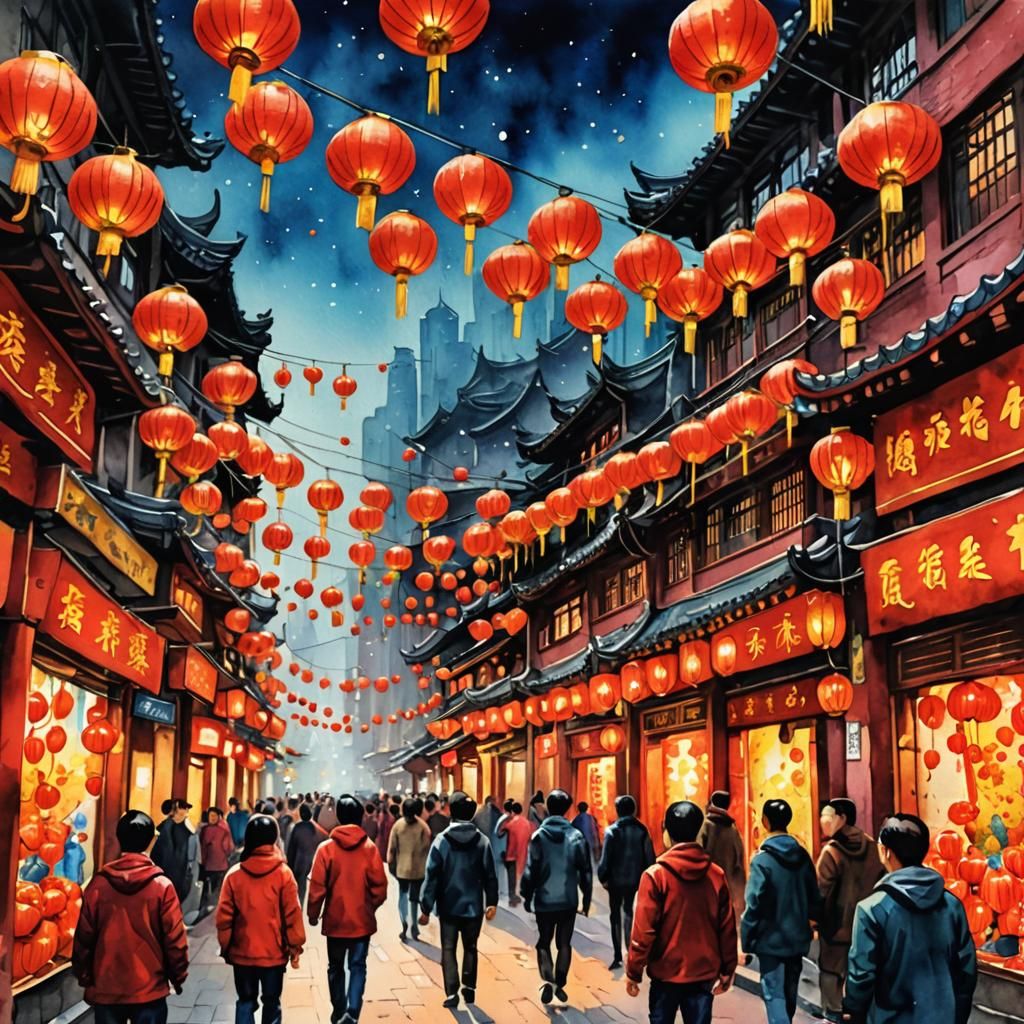Shanghai Street Aglow with Chinese New Year Lanterns