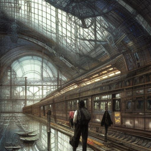 Surreal Train Station in Mixed Media Style