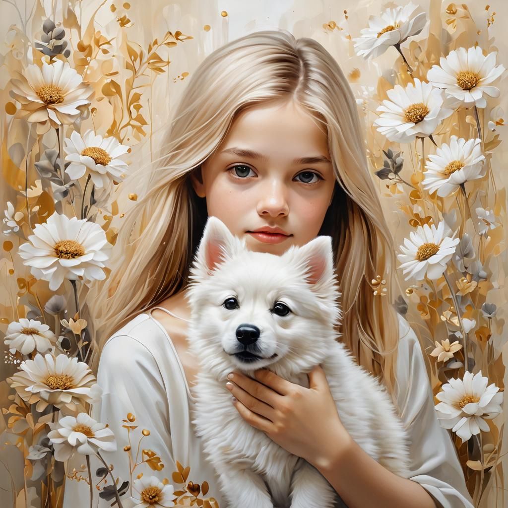Girl with Puppy in Floral Oil Painting