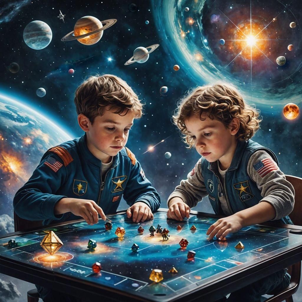 Children Playing Spaceship Game in Space, Watercolor Art