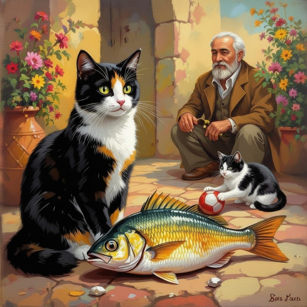 Black, Yellow, and White Cat Eats Succulent Fish