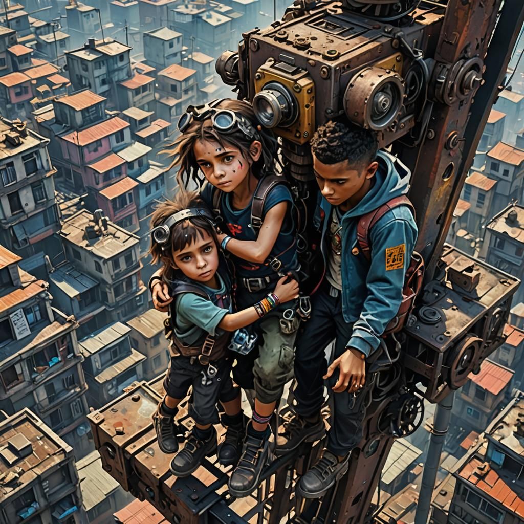 Street urchin Brother and sister helping each other climb th...