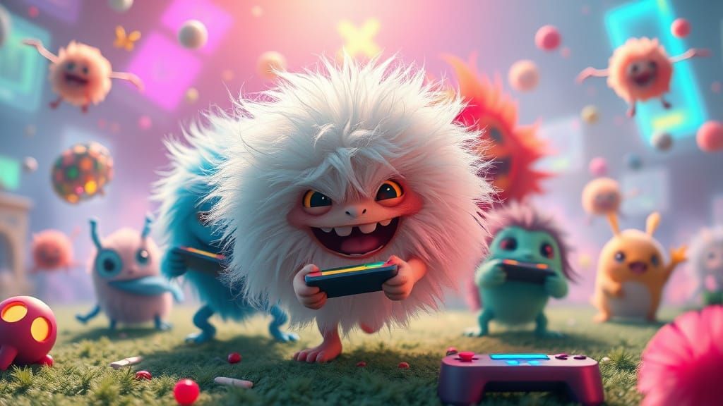 Ultra fluff puff ball creatures playing video games. vivid dynamic playful fun