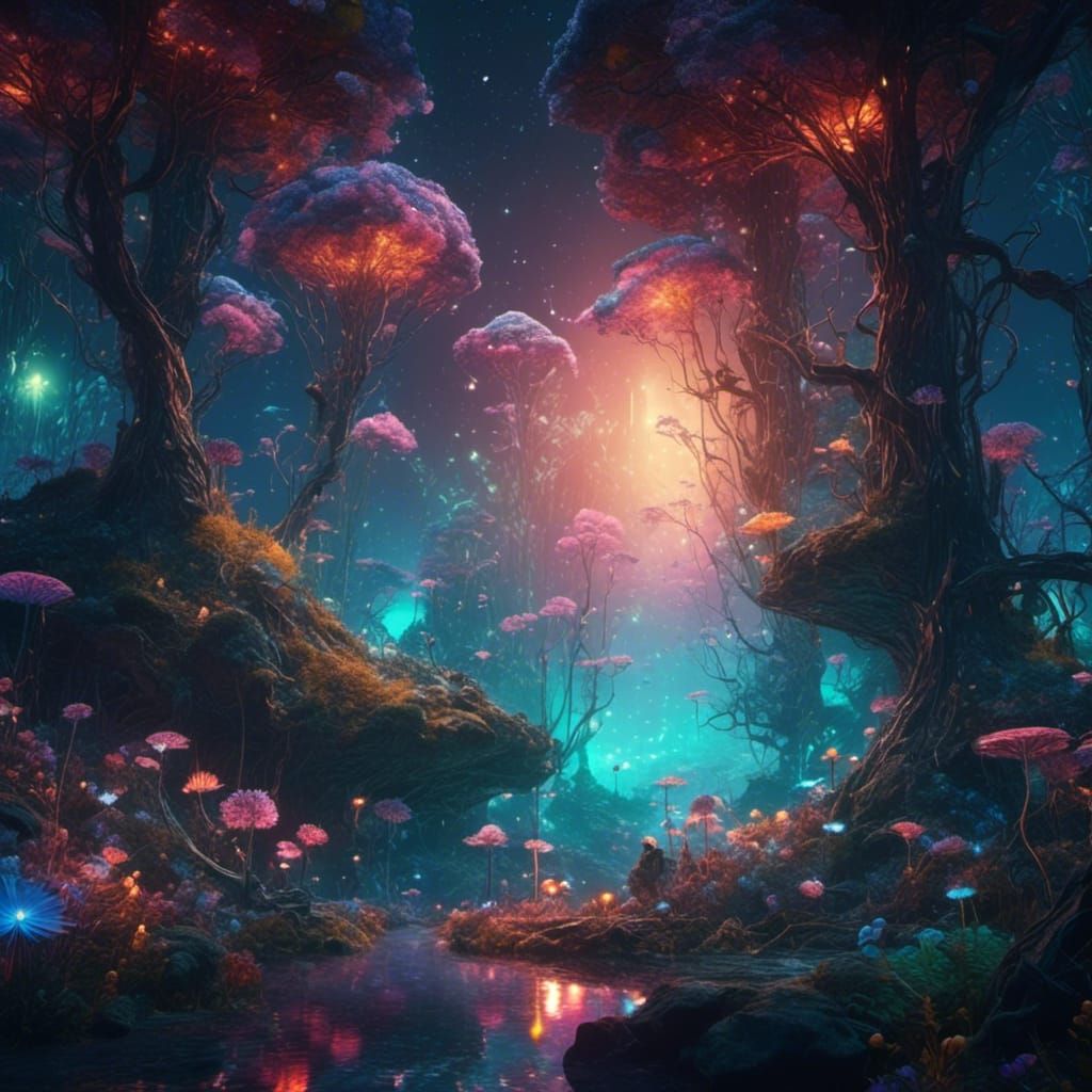Bioluminescent Fairytale Forest, Impressionist Painting