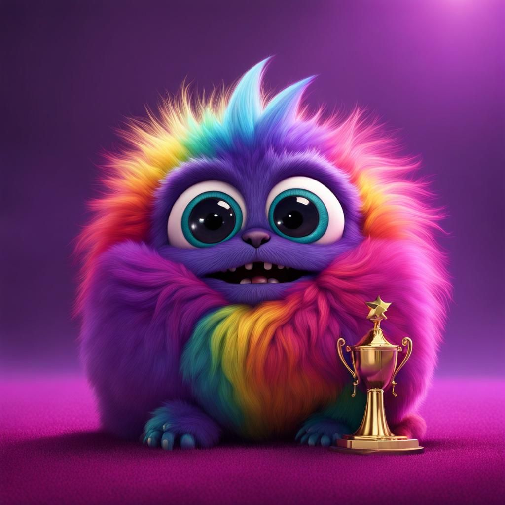 Fluffy Rainbow Monster with Trophy: Digital Matte Painting