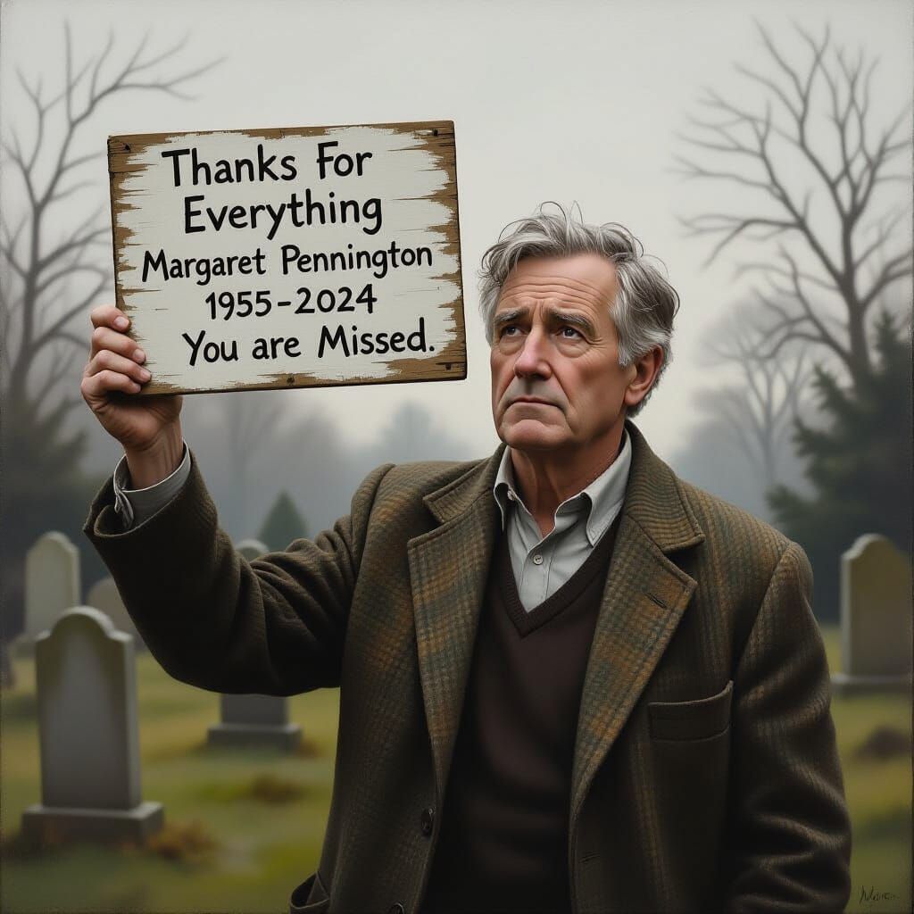 Man Holds Memorial Sign in Somber Graveyard Oil Painting