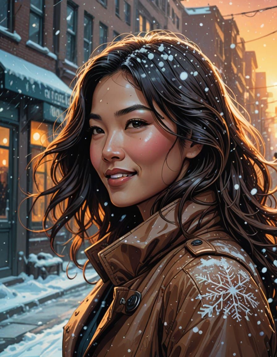 Asian Woman in Snowy Street, Smiling in Comic Book Style