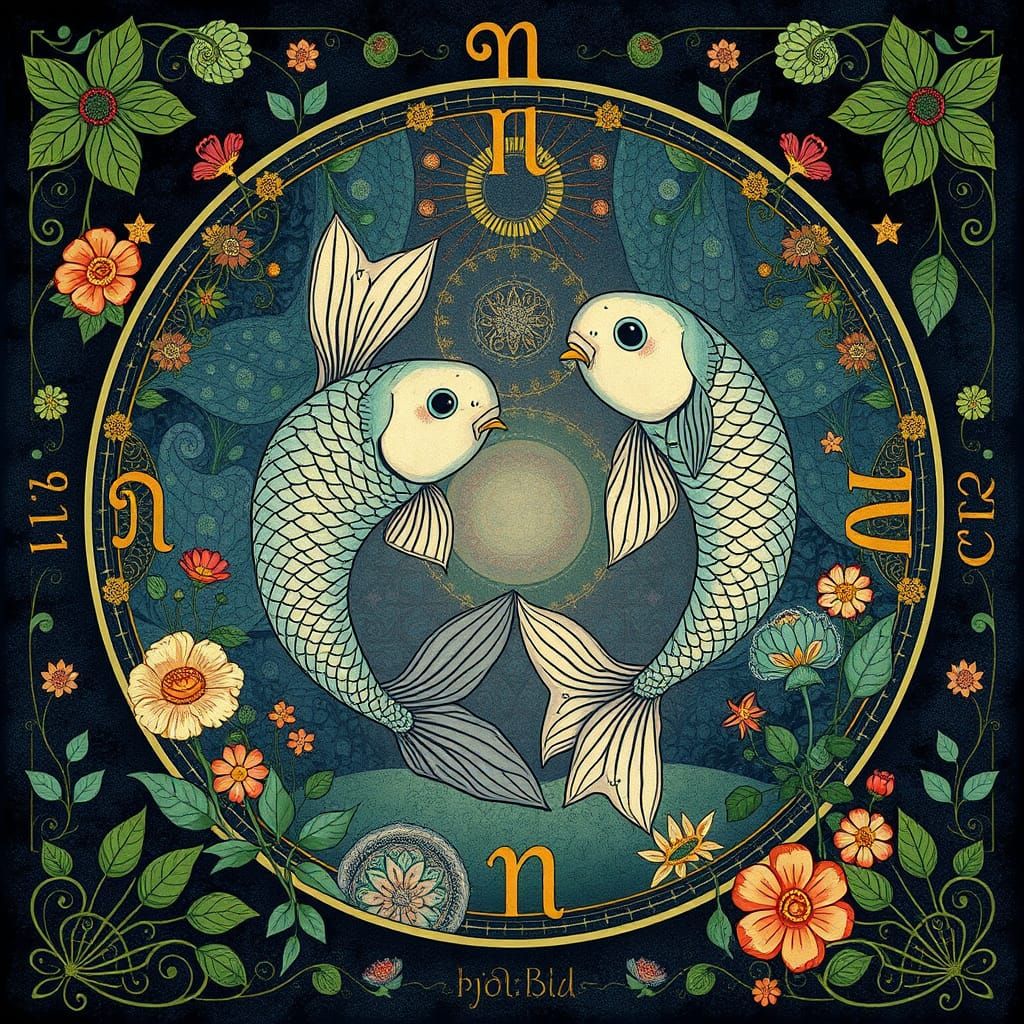 Surreal Zodiac Scene in Vibrant Botanicals