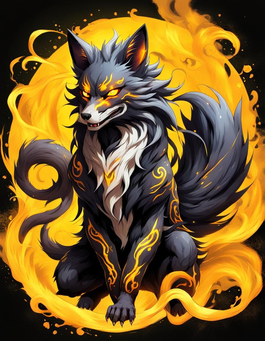 Nine-Tailed Fox with Demonic Tattoos in Anime Style