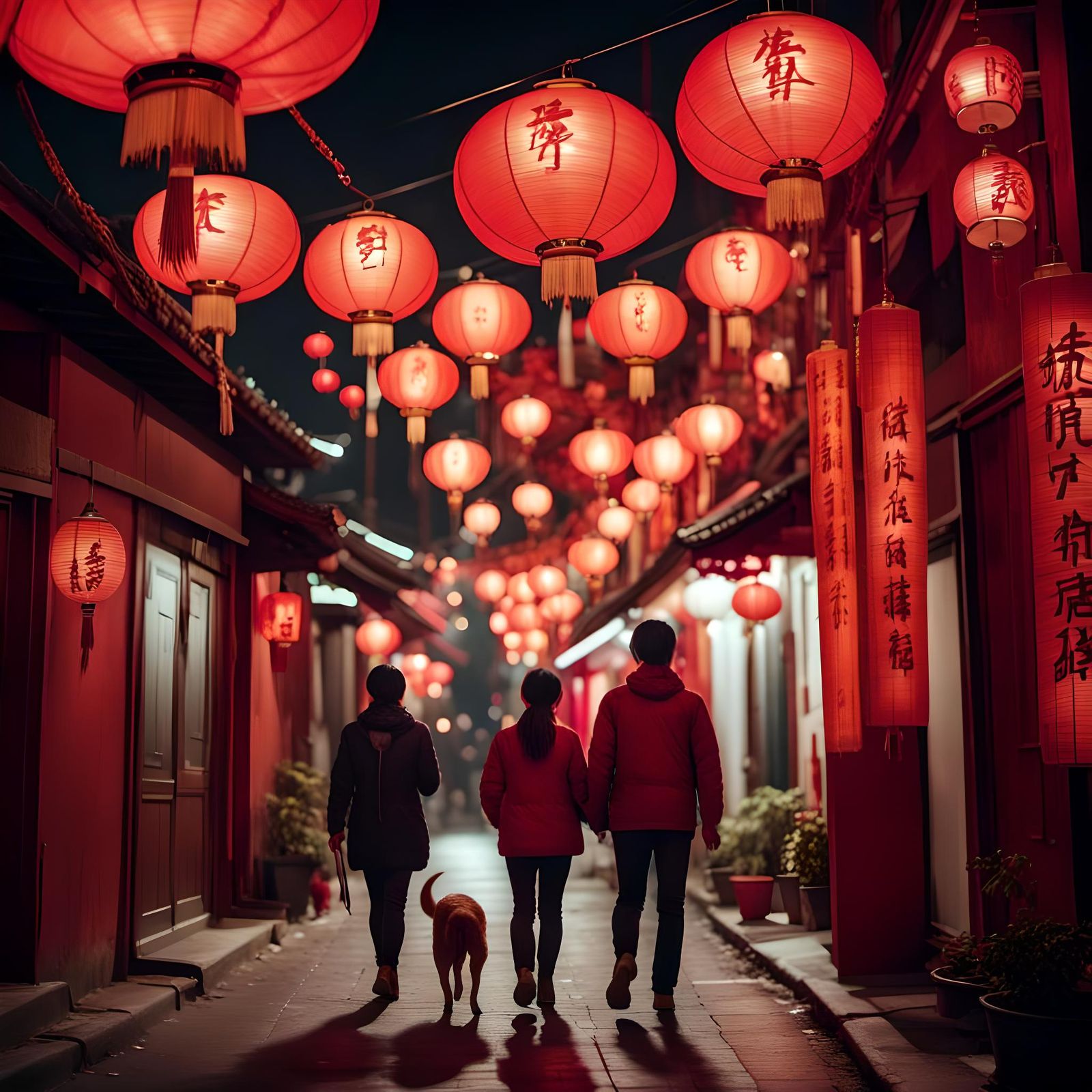 Night Street Scene with Red Chinese Lanterns