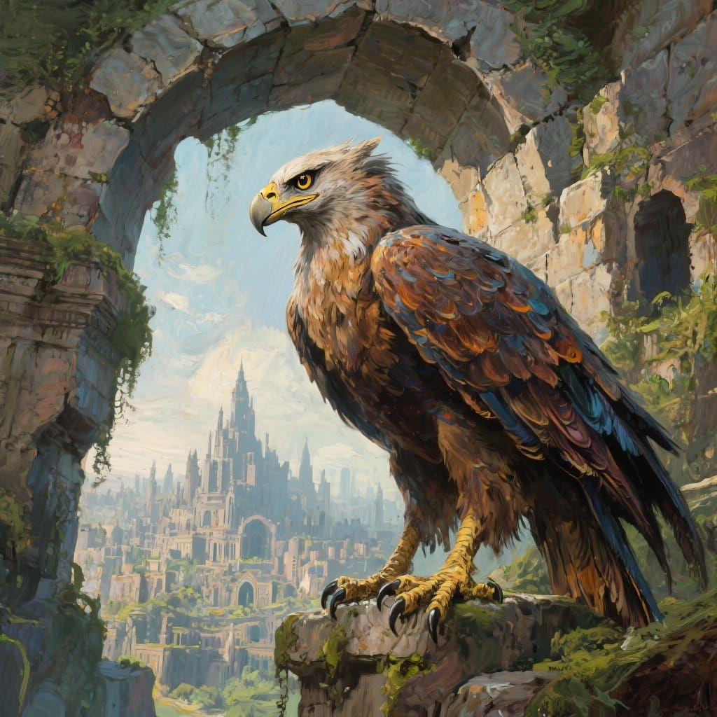 A majestic griffin, its feathers rendered in rich impasto st...