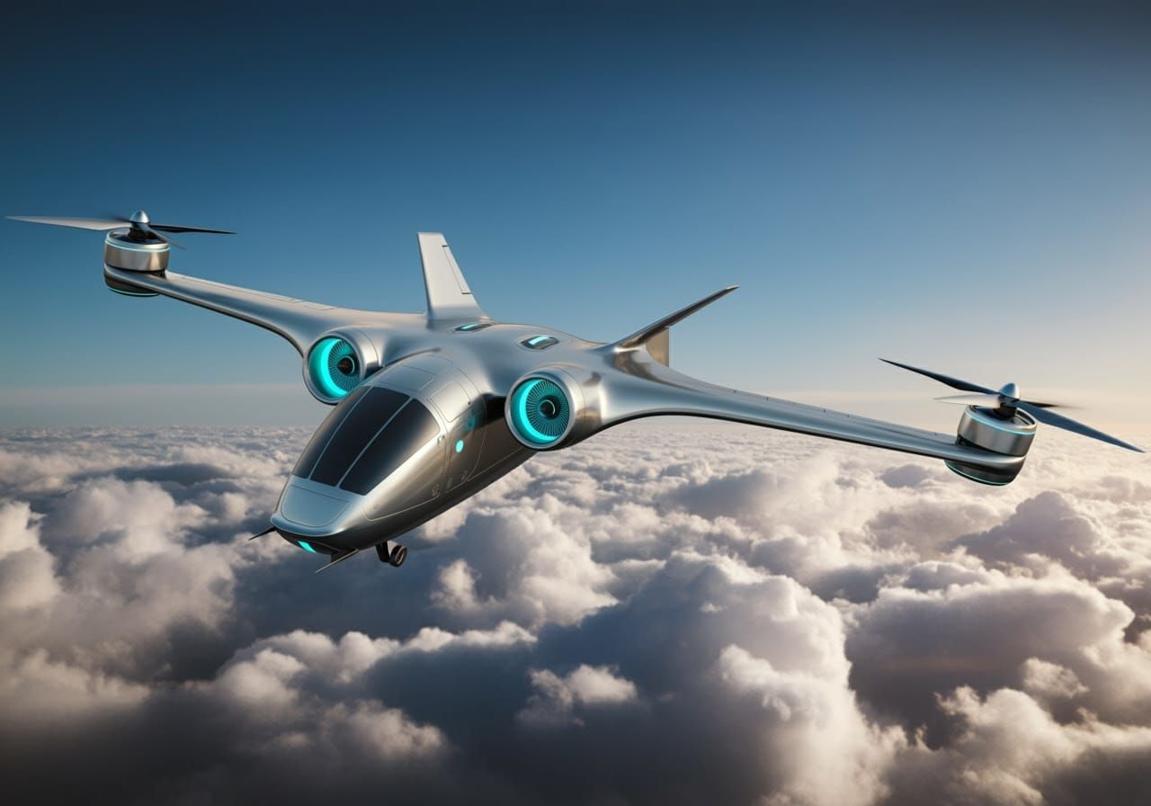 Futuristic VTOL Air Transport Over Clouds