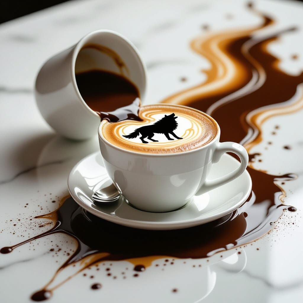 Cappuccino Spills Form Howling Wolf Silhouette on Marble Tab...