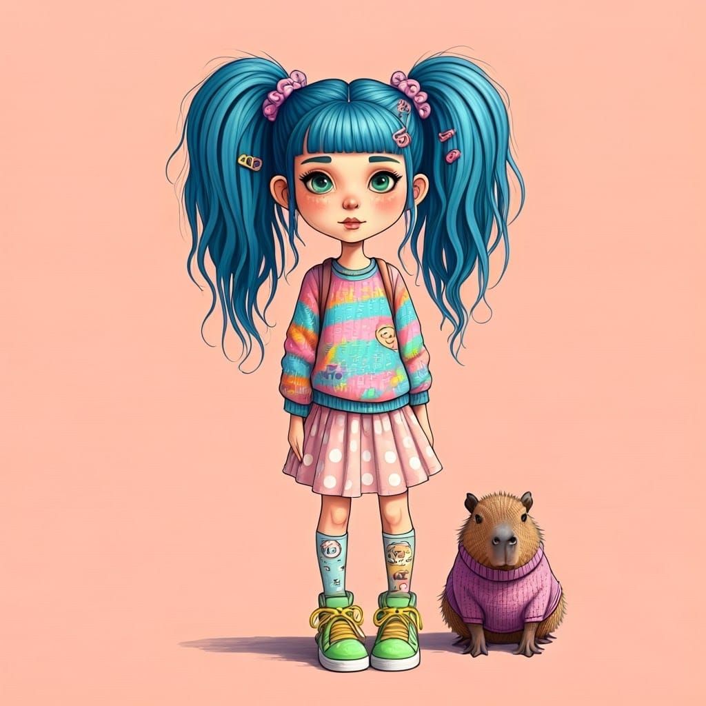 Quirky Girl with Bright Blue Hair in Whimsical Scene
