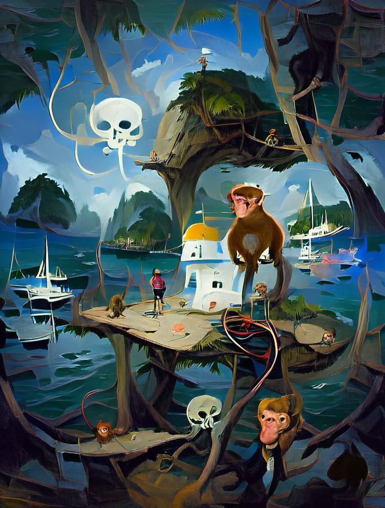 Lush Monkey Island Scene in Digital Painting Style