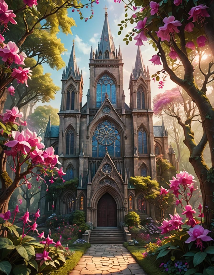 Cathedral with Rose-Fuchsia Flower in Ethereal Style