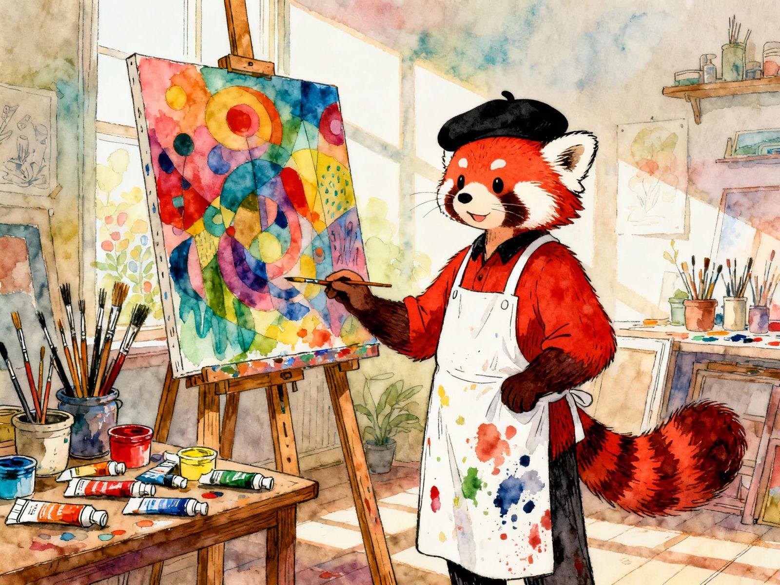 Red Panda Artist in Studio, Whimsical Watercolor Illustratio...