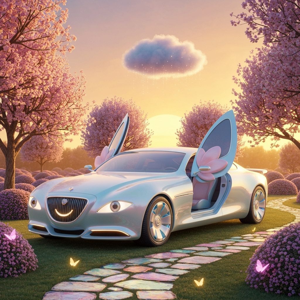 Futuristic Luxury Car in Enchanted Garden
