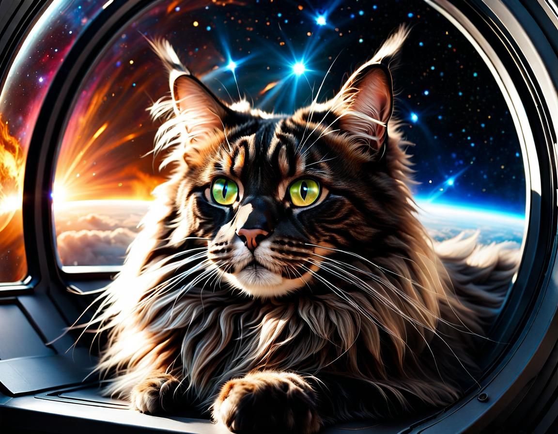 Black Tabby Cat Floating in Space Capsule
