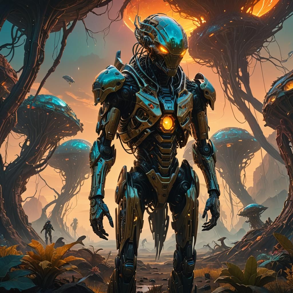 Cyborg Exploring Bioluminescent Alien Landscape