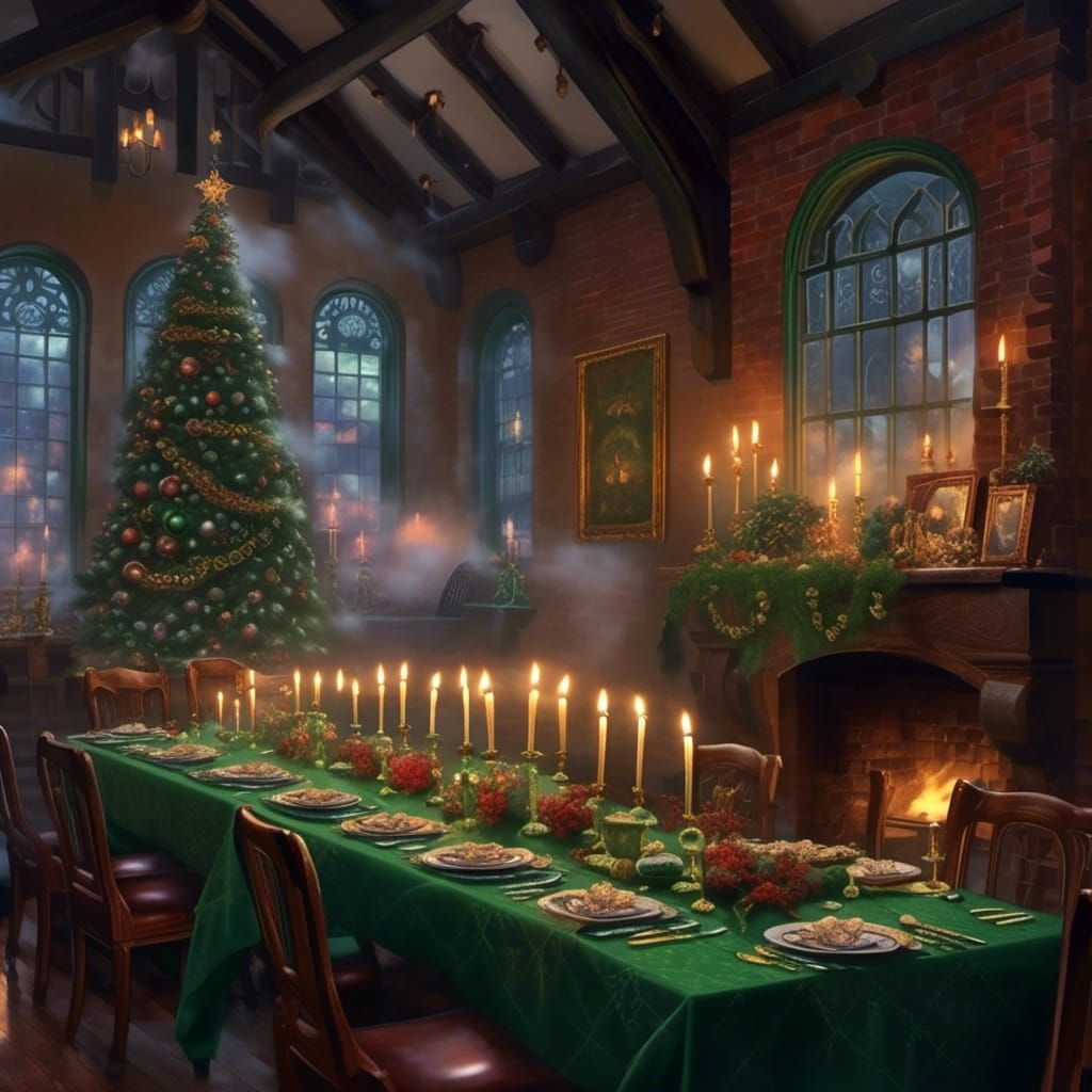 <lora:Food:1.0> Christmas dinner in Slytherin Common Room