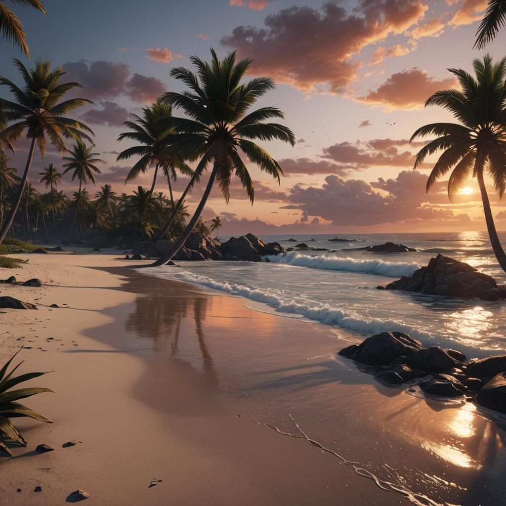 Realistic Sunset Beach Scene: Detailed Matte Painting