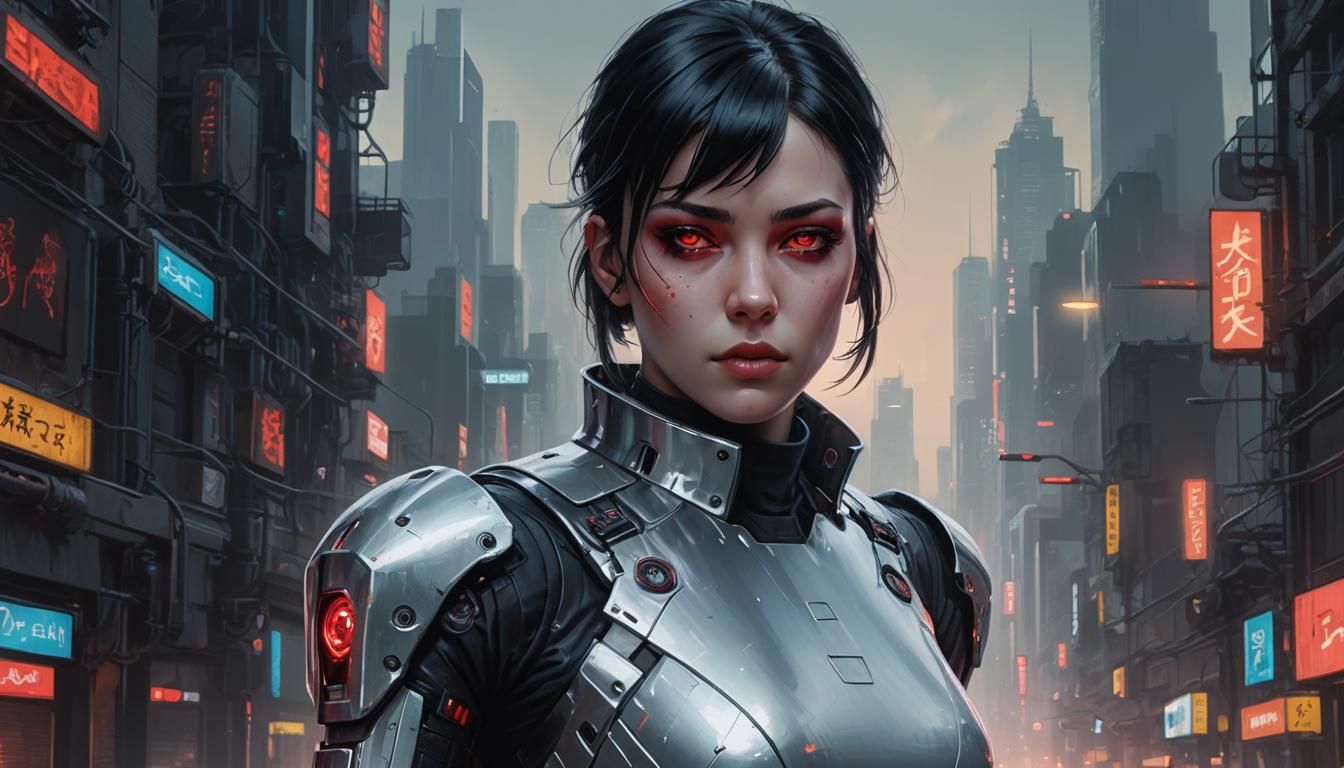 Cyberpunk Woman with Red Eyes in Digital Painting