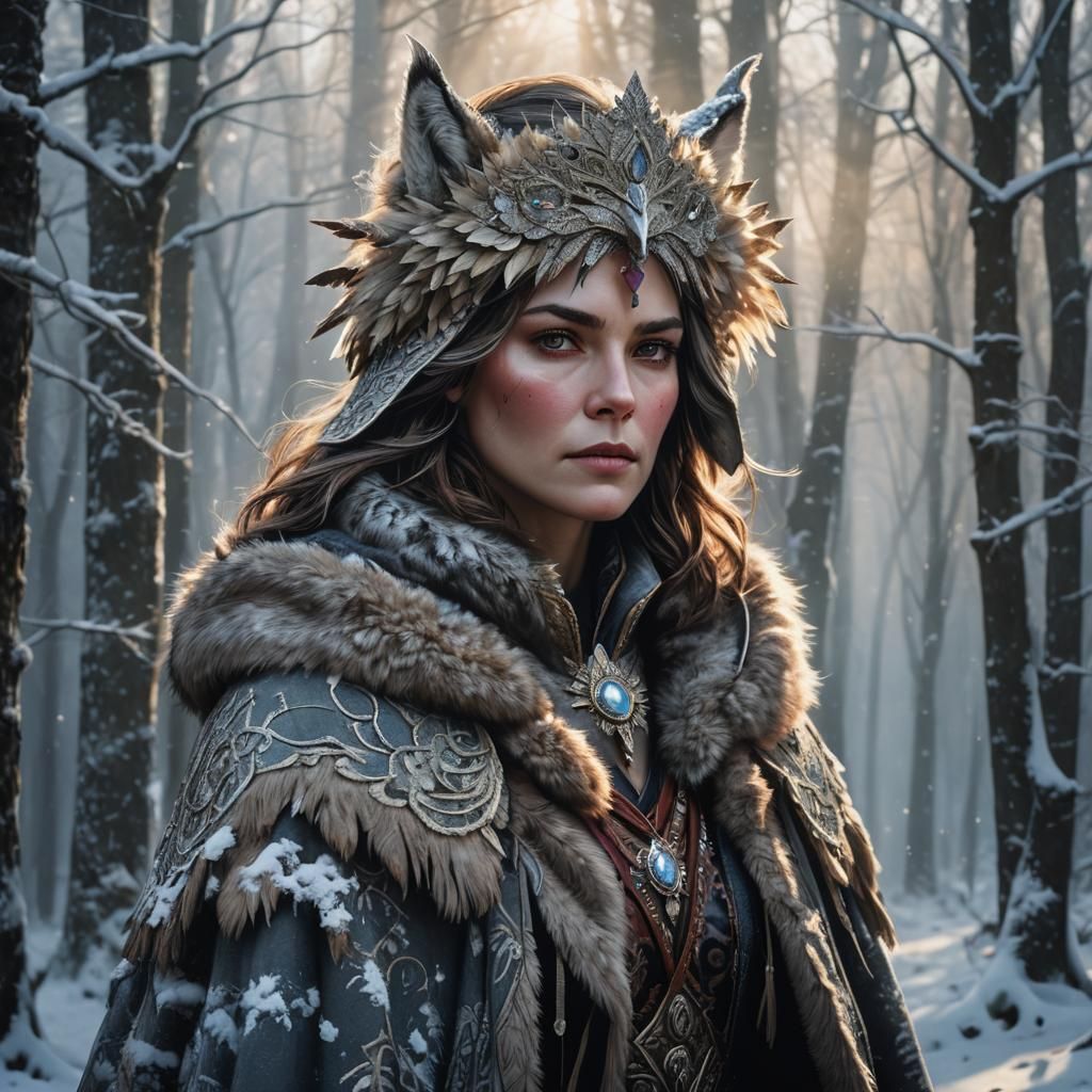 Regal Woman in Snowy Forest, Digital Art