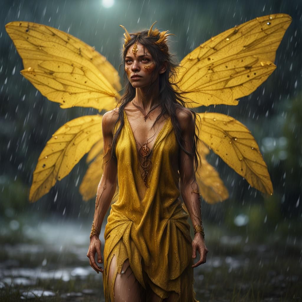 Hyperrealistic Amerindian Fairy in Rain, Full Body